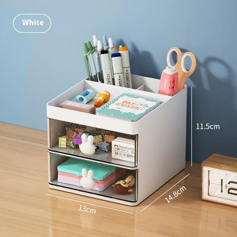 Transparent drawer desktop storage organiser box with internal partitions in pink colour