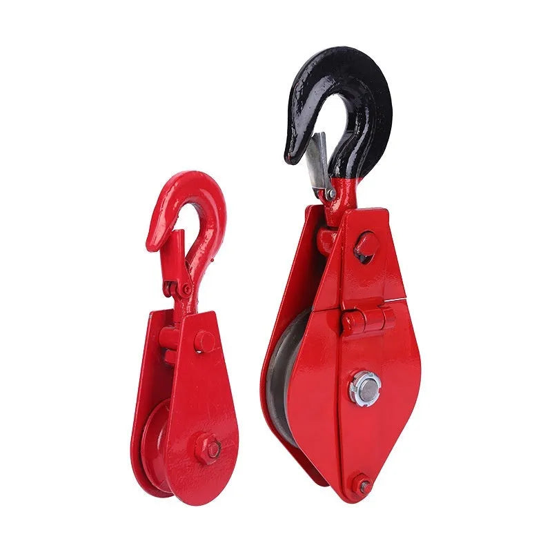 Red industrial lifting pulley with a safety-latched hook forged from A3 steel.