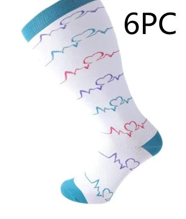 Plus-size compression socks in various stylish patterns for improved leg health and comfort