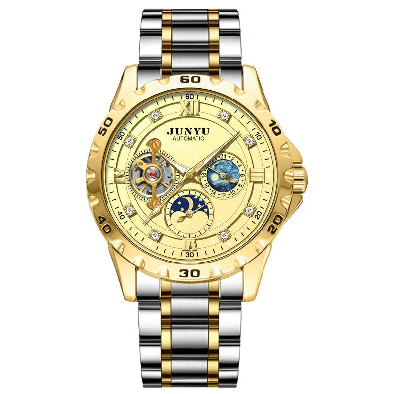 Men's waterproof luminous automatic mechanical watch on wrist, showing rose gold case with starry sky black dial.