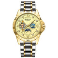 Men's waterproof luminous automatic mechanical watch on wrist, showing rose gold case with starry sky black dial.