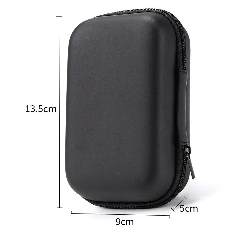 Black composite material storage box measuring 13.5x9x5cm for earphone and cable organisation