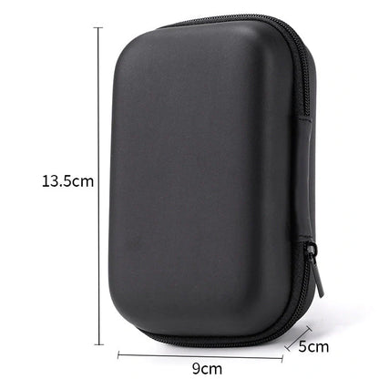 Black composite material storage box measuring 13.5x9x5cm for earphone and cable organisation