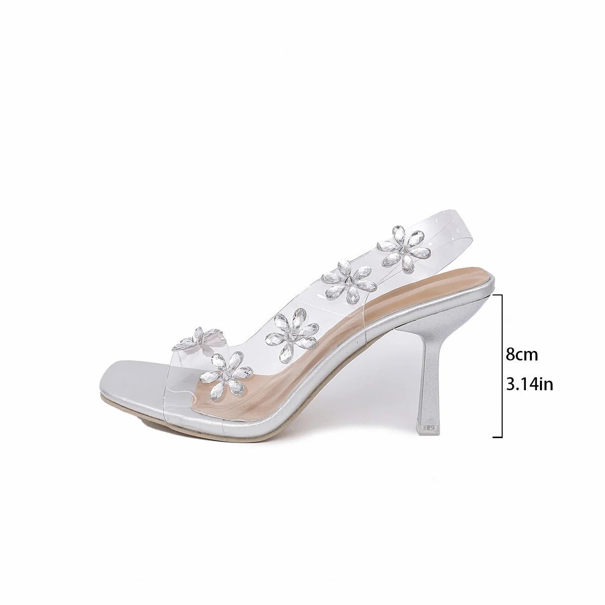 Women's summer rhinestone flower slingback pumps with square toe in gold and silver