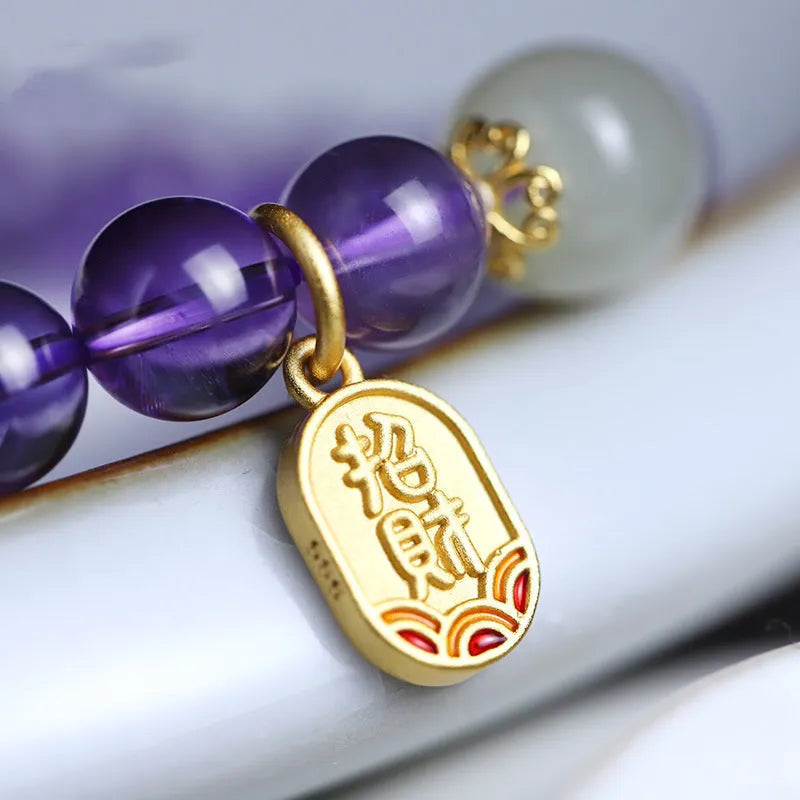 Women's amethyst crystal bracelet with 8mm geometric beads and national style design elements