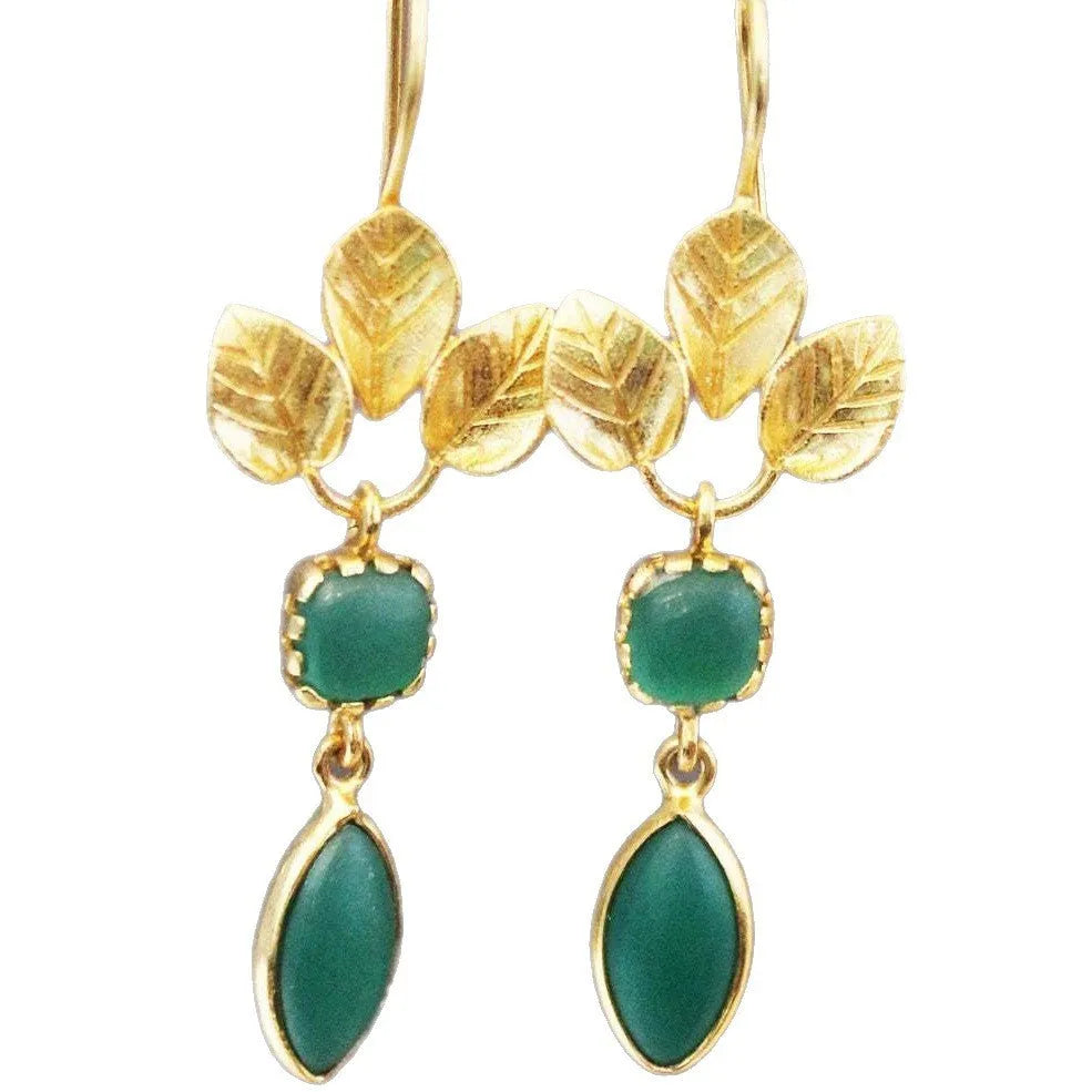 Gold coloured retro drop earrings with a French leaves charm and dangling chain-tassel detail.