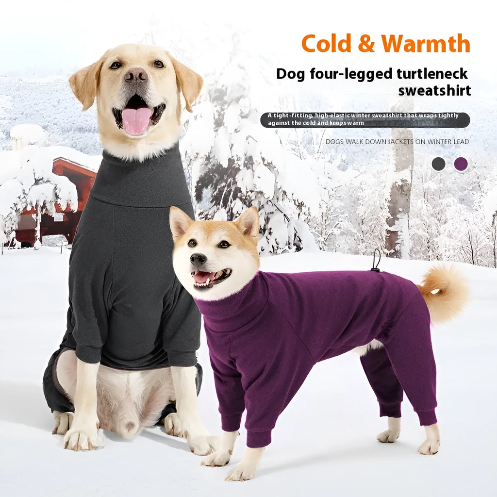 Dark grey polar fleece dog coat with a high collar on a dog, showing the size range from XS to XXXL.