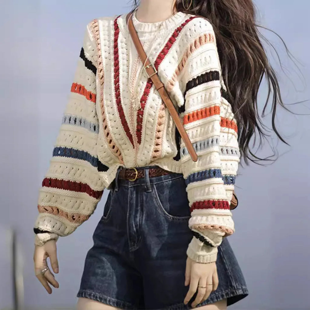 Retro rainbow striped hollow knit sweater with batwing sleeves and colourful thread detailing