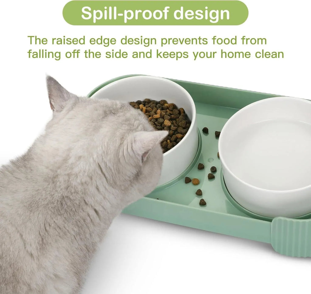 Ceramic elevated cat bowls set with 15 degree tilt in green, white and yellow colour options