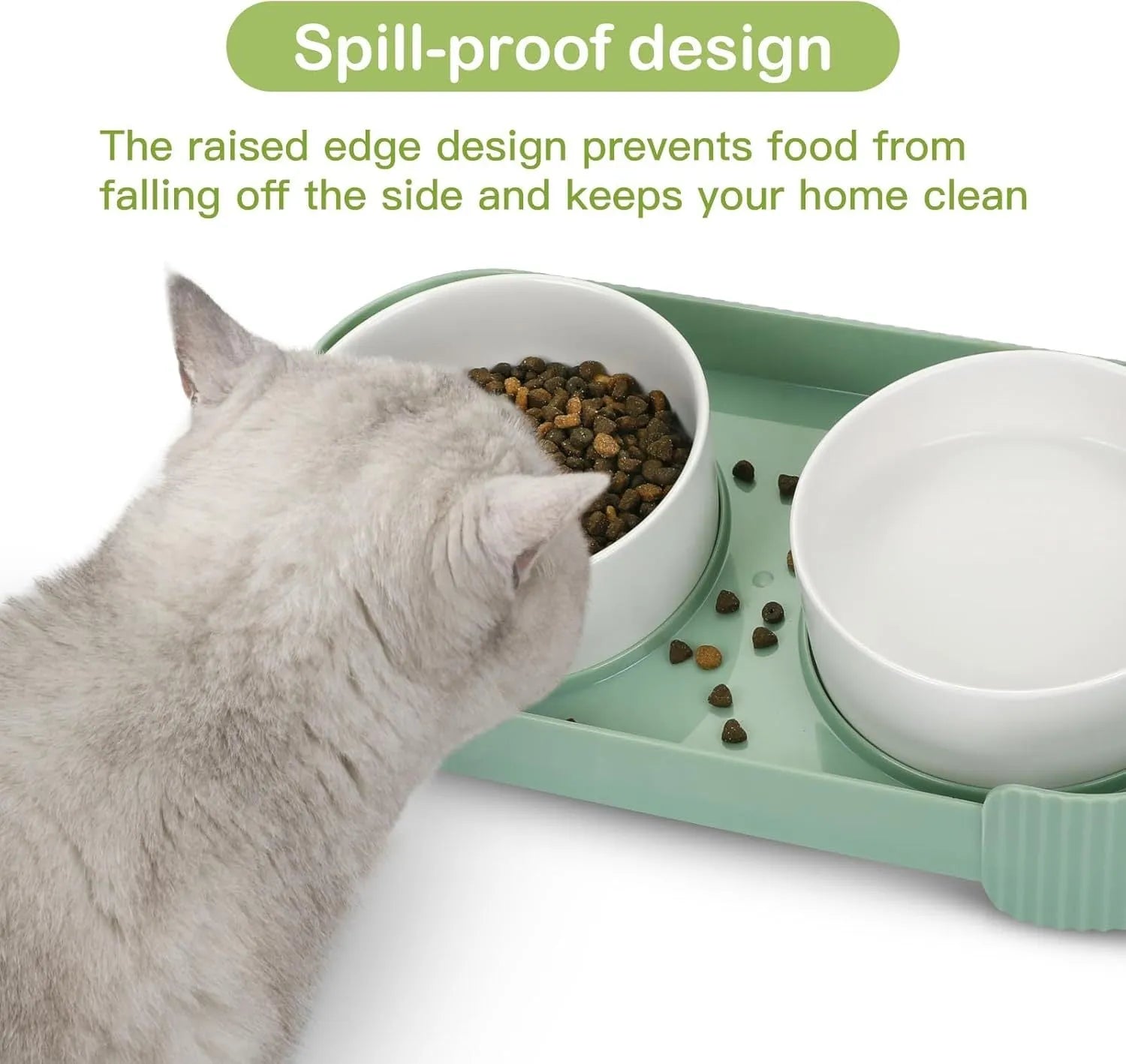 Ceramic elevated cat bowls set with 15 degree tilt in green, white and yellow colour options