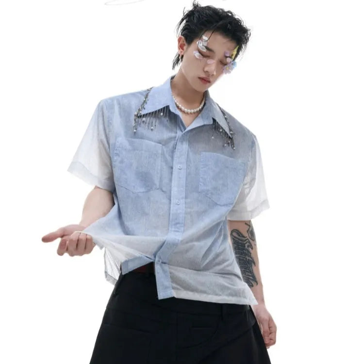 Men's blue and white gradient short sleeve casual shirt with a loose fit.