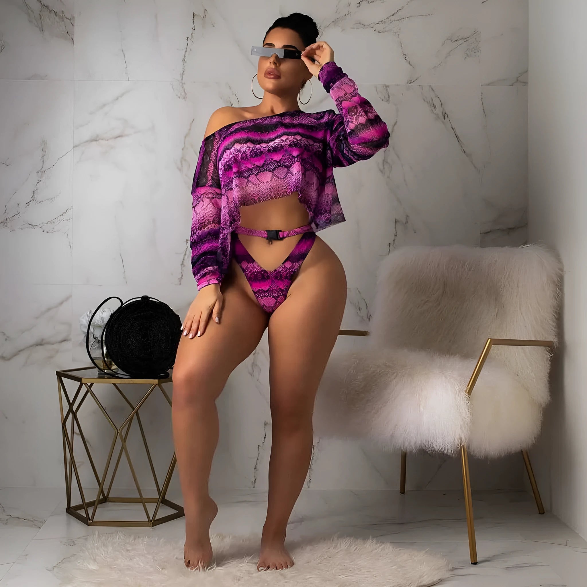 Women's snakeskin print three-piece bikini set with long sleeve top and short pants