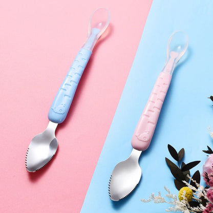 Baby Fruit Double-headed Mud Scraping Spoon in stainless steel with colorful options