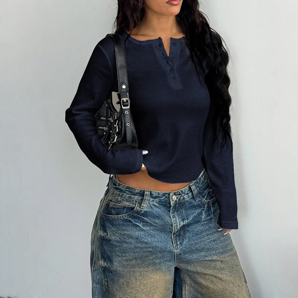 Women's slim fit long sleeve vest t-shirt with button front closure in polyester fabric