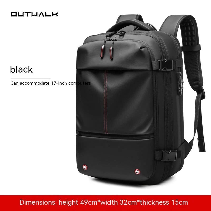 Men's business travel backpack with vacuum compression and multiple compartments