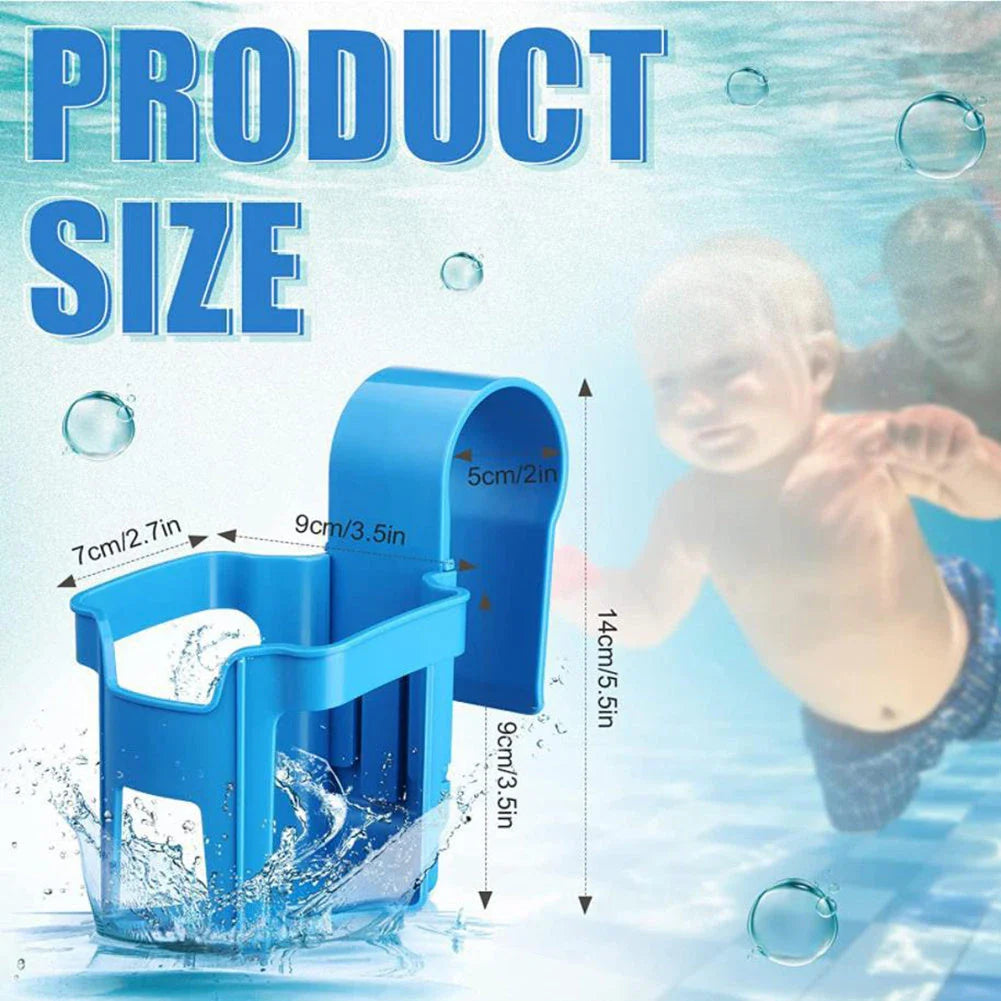 Poolside drink holder securely clipping onto the side of an above-ground swimming pool, holding a variety of cup sizes for refreshing beverages