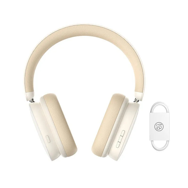 Active noise reduction Bluetooth 5.2 headset in beige with head-mounted design and microphone