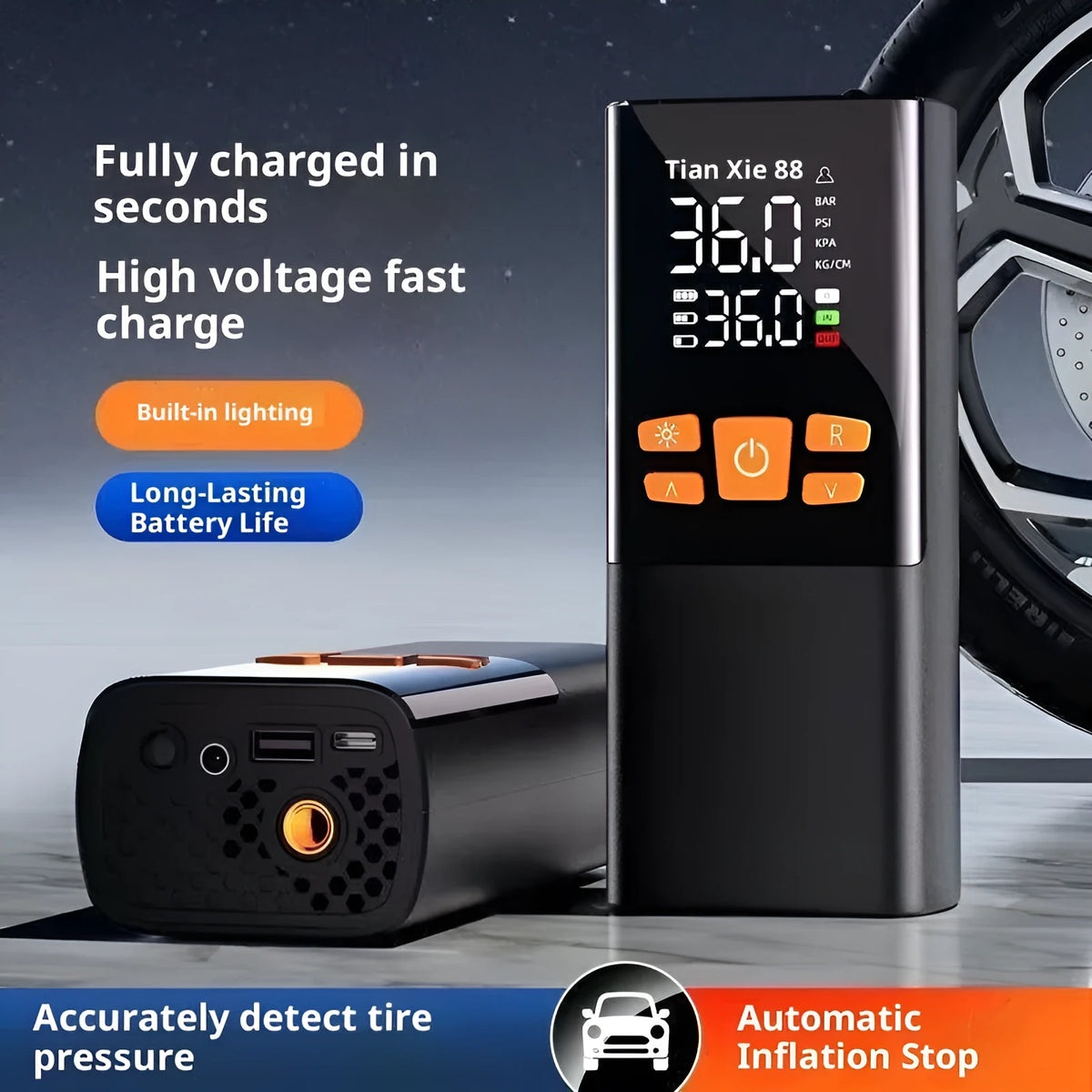 Wireless black tyre inflator with ABS body, tire pressure gauge, and warning light on a car tyre