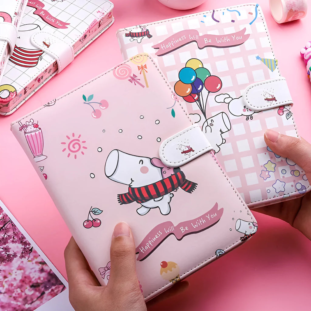 Small white magnetic buckle notebook with bear hippo design and 224 pages