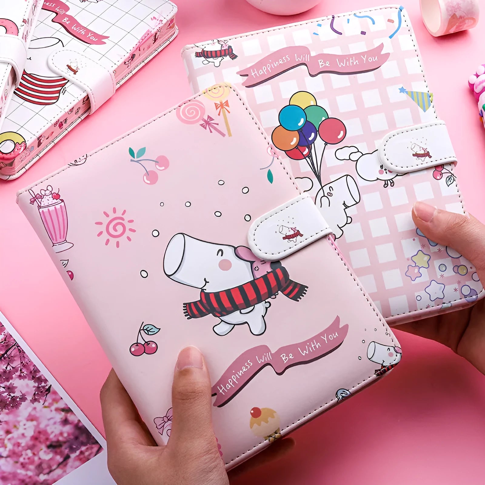 Small white magnetic buckle notebook with bear hippo design and 224 pages