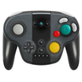 Black wireless Bluetooth gamepad for Nintendo Switch with colourful packaging, showing its size and buttons.
