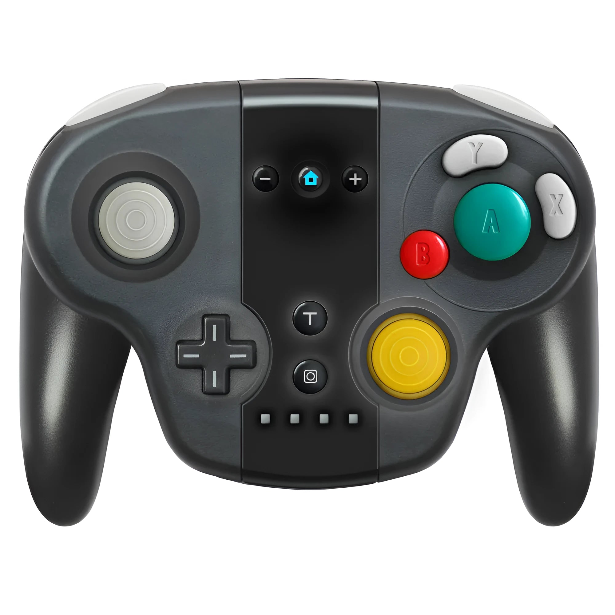 Black wireless Bluetooth gamepad for Nintendo Switch with colourful packaging, showing its size and buttons.