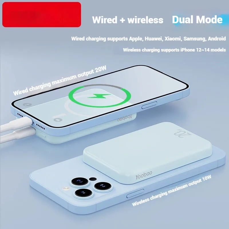 Portable magnetic wireless power bank with 10000mAh capacity in blue colour