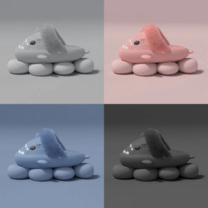 Cozy shark-inspired slippers in various colors, featuring plush, fuzzy material and durable non-slip soles