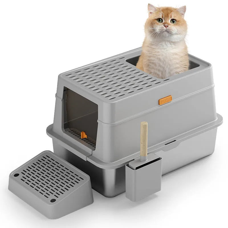 Grey enclosed hooded cat litter tray with foot pedal, showing stainless steel interior