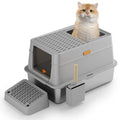 Grey enclosed hooded cat litter tray with foot pedal, showing stainless steel interior