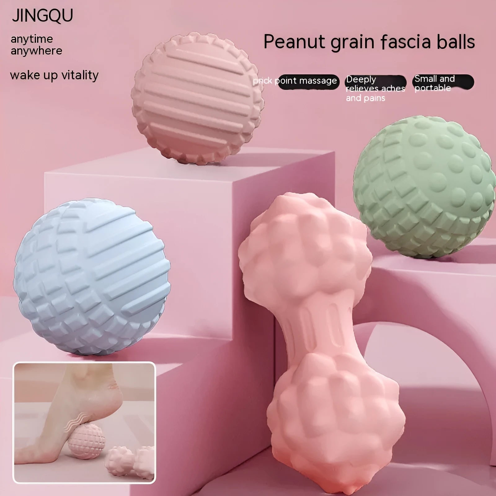 6cm blue TPR foot massage ball with textured peanut-style design for yoga and muscle therapy