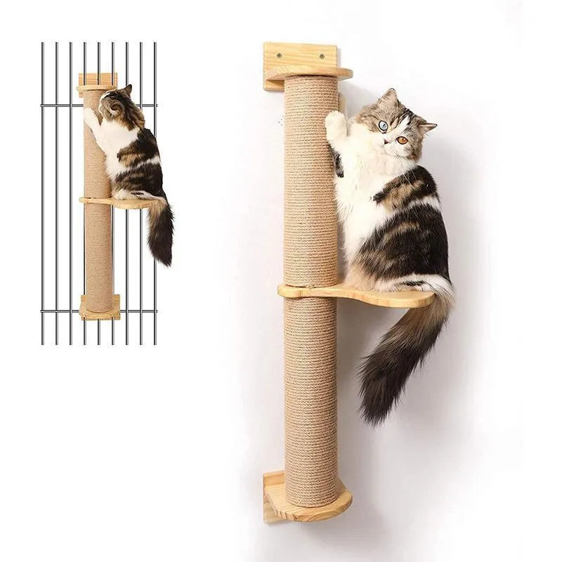 Wood-coloured cat climbing frame with wall platforms and flax cordage scratching surfaces