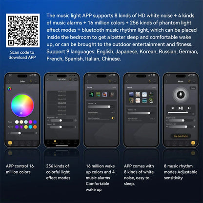 A smart RGB atmosphere light with Bluetooth speaker, alarm clock, and white noise machine for customizable sleep and relaxation.