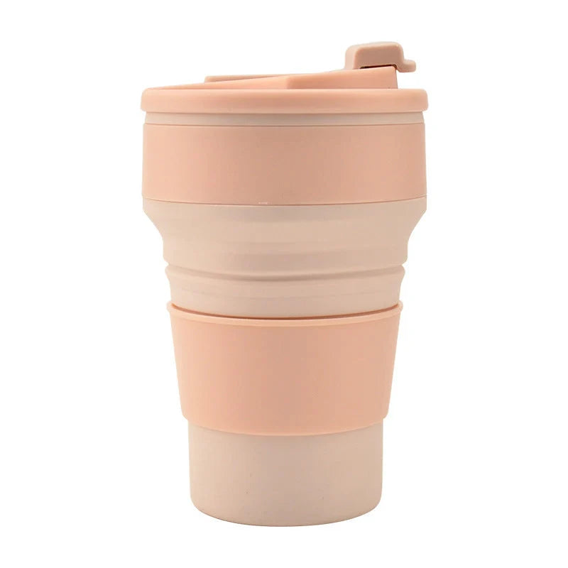 Collapsible silicone travel mug with leak-proof cover in various colours