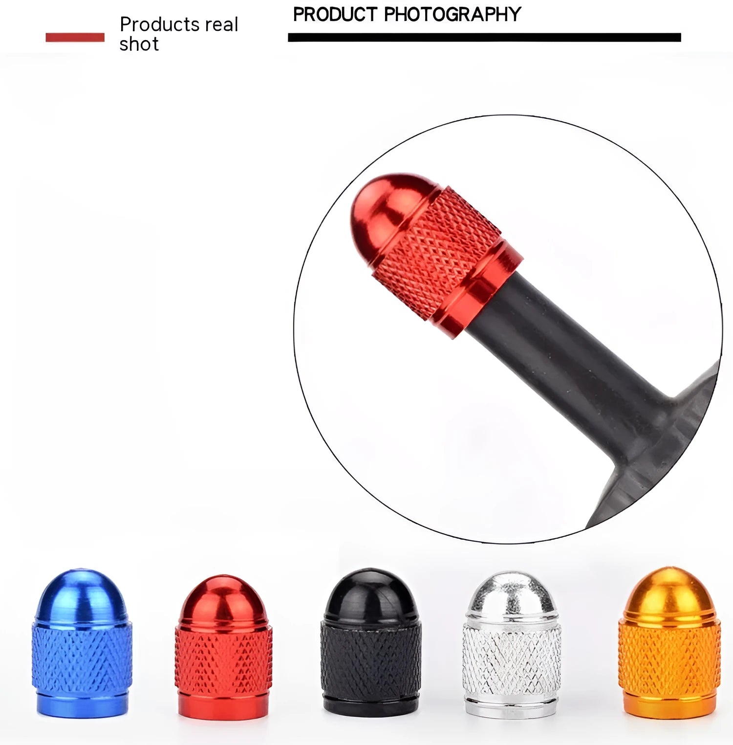 Aluminium mountain bike tyre valve cap in five colour options: black, blue, gold, red, silver.