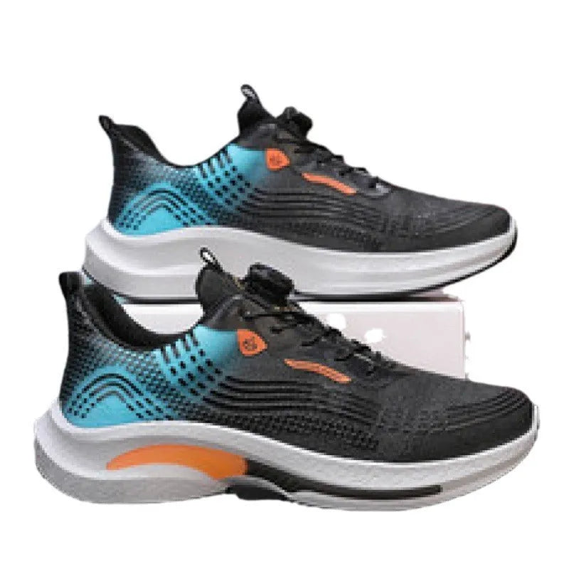 Men's white and blue low-top sneakers with a rotating buckle and mesh lining.