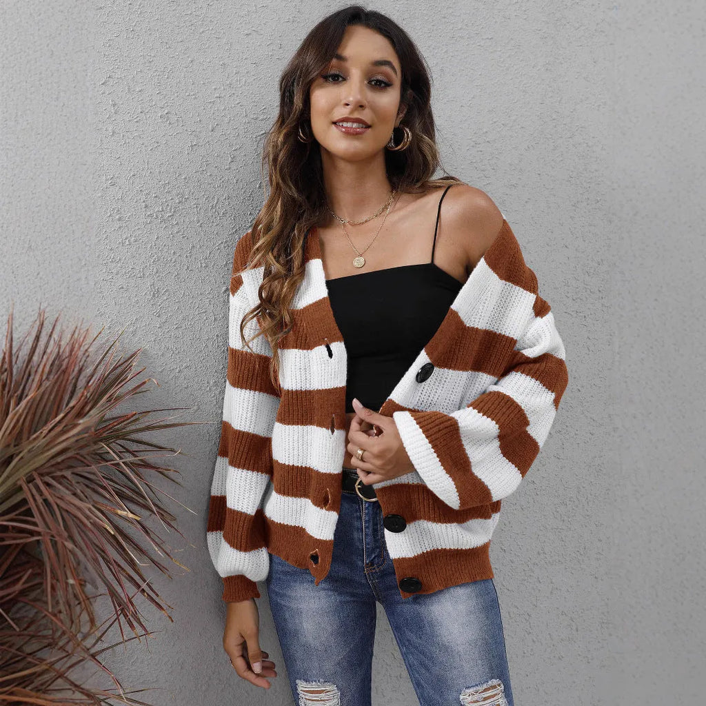 Women's striped deer plush woven cardigan sweater in blue, shown with button front and regular sleeves.