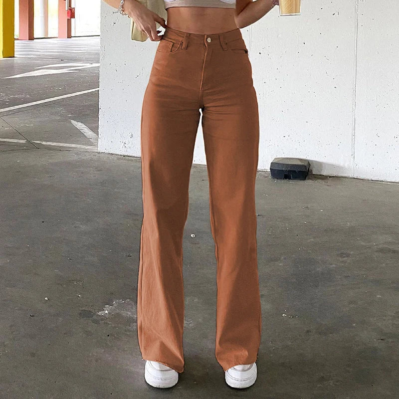 High waist slim jeans with bell bottoms in black, brown, and white