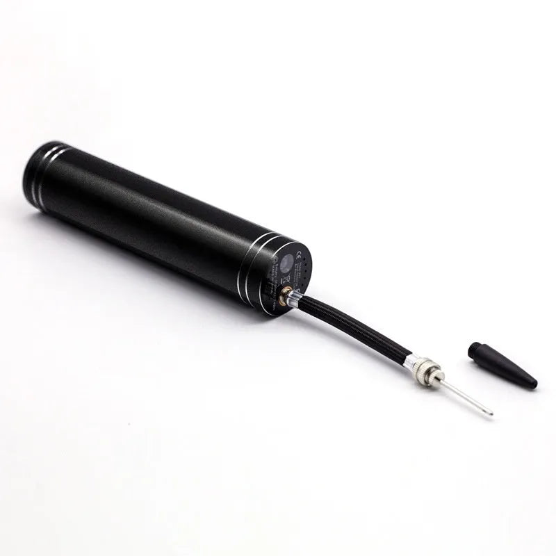 Black electric inflatable pump with USB charging and warning light, ABS body, includes needle nozzle