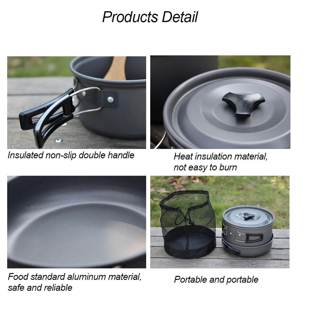 Lightweight folding outdoor cookware set including pot, pan, teapot, and tableware for camping and hiking