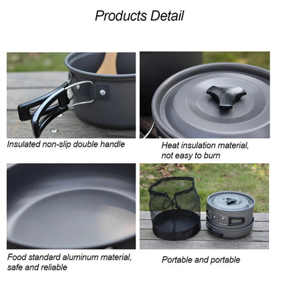 Lightweight folding outdoor cookware set including pot, pan, teapot, and tableware for camping and hiking