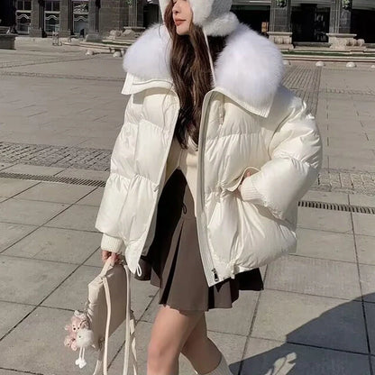 Stylish and warm women's winter coat with a plush fur collar, available in classic colors like brown, black, and white