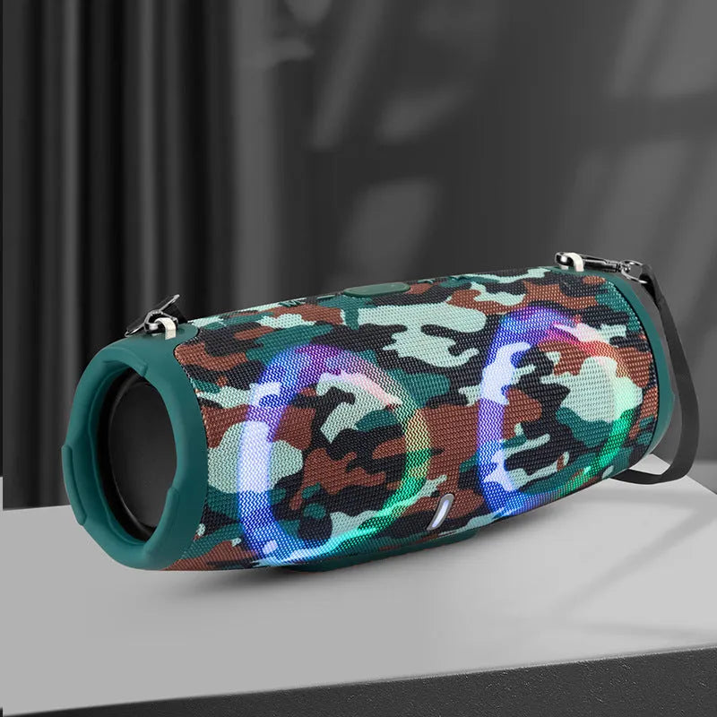 Portable Bluetooth speaker with RGB lights in multiple colour options including black and camouflage.