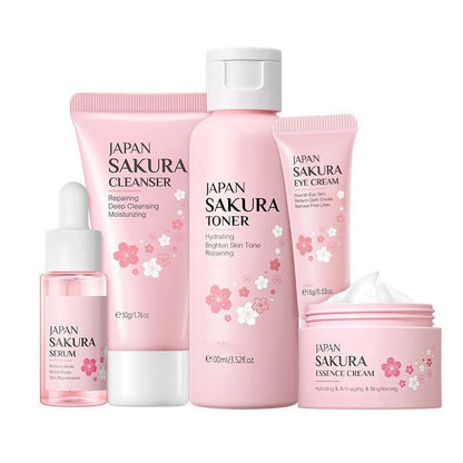 5-piece hydrating skincare set with cleansing foam, essence, eye cream, face cream, and lotion