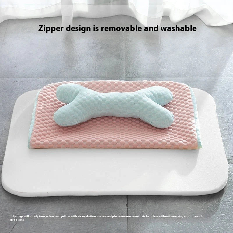 Breathable Cooling Pet Mat for small to medium dogs and cats in pink with big-eyed animal theme