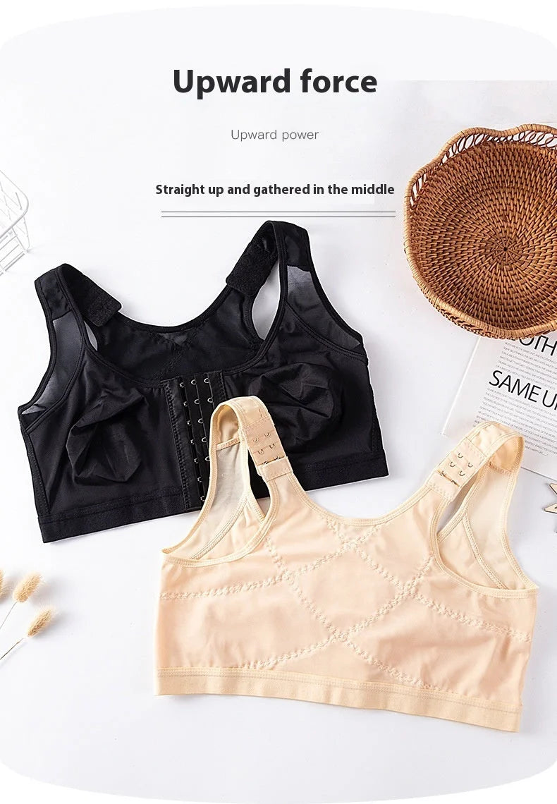 Front Buckle Closed Sports Bra in plus sizes, available in white, black, and apricot