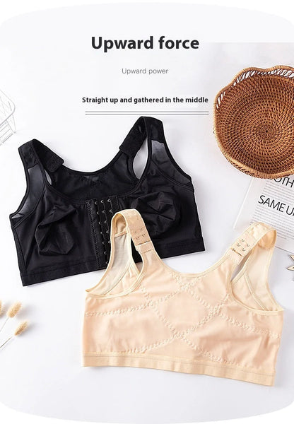 Front Buckle Closed Sports Bra in plus sizes, available in white, black, and apricot