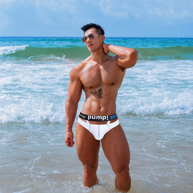 Men's solid colour modal briefs in black and white on a white background, showing low waist design
