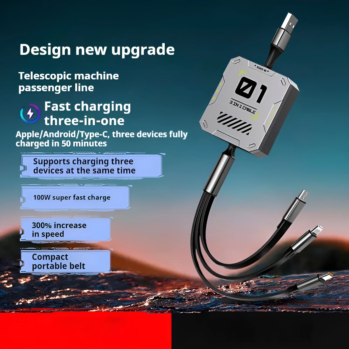Three-in-one telescopic data cable 100W super fast charge Mini USB TPE+ABS grey black