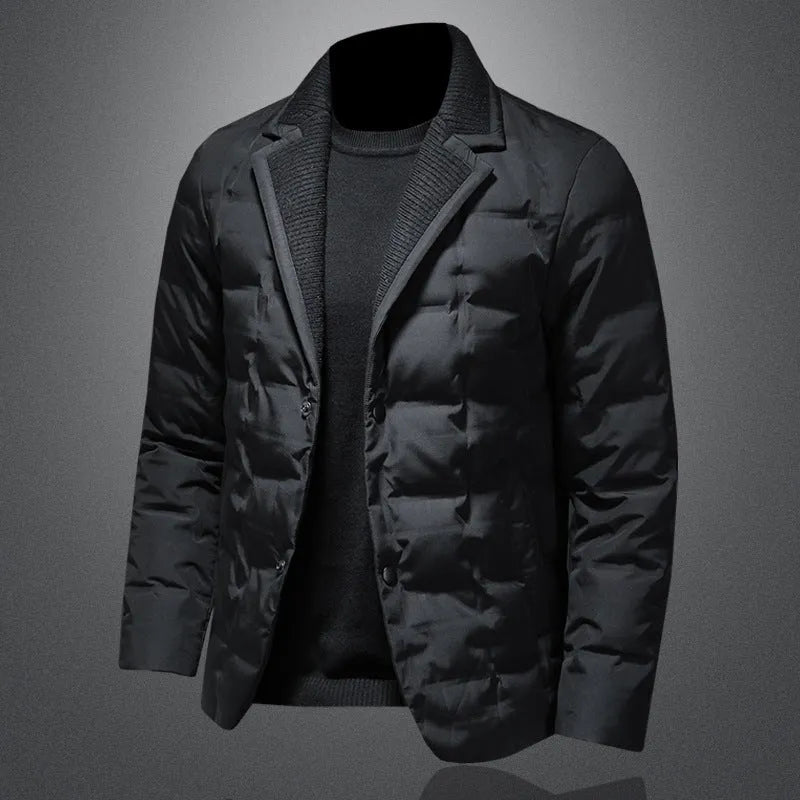 Men's black winter down jacket with white goose down filling, regular fit, 50cm length, polyester fibre shell